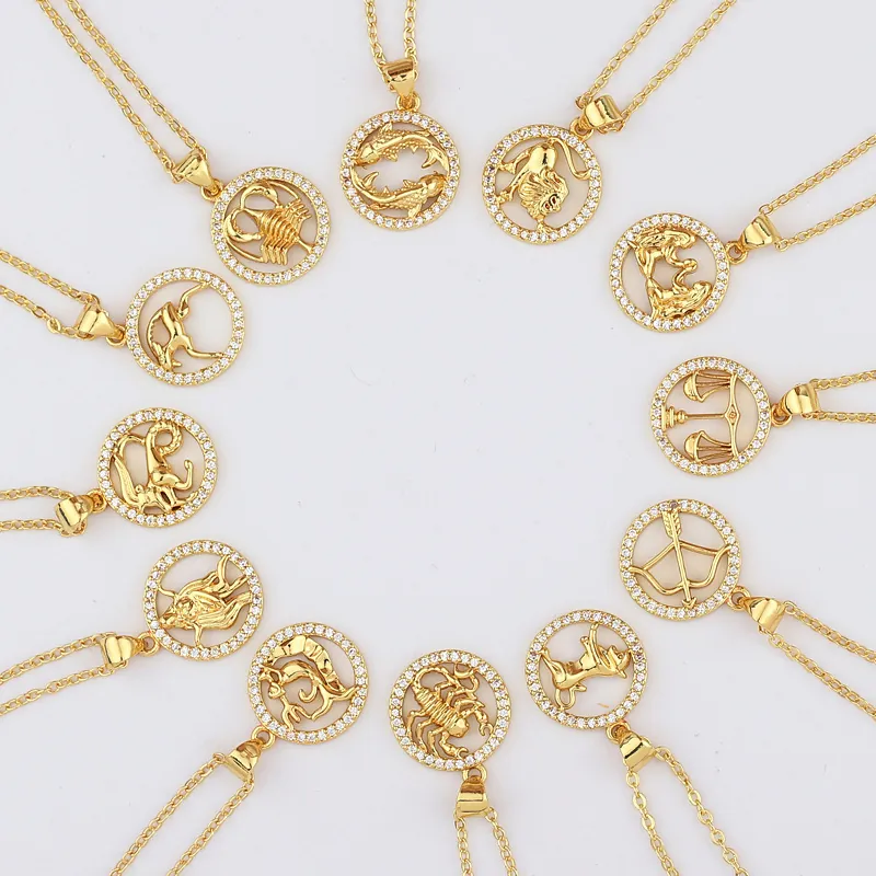 Zodiac Constellation Necklace Gold Plated Copper Round Cubic Zirconia Pendant Personalized Jewelry For Women