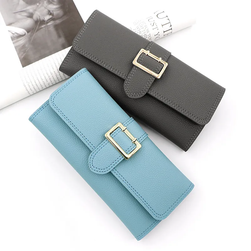 Women Long Wallet PU Leather Lychee Grain Gold Buckle Large Capacity Multiple Card Slots Clutch Purse Simple Stylish