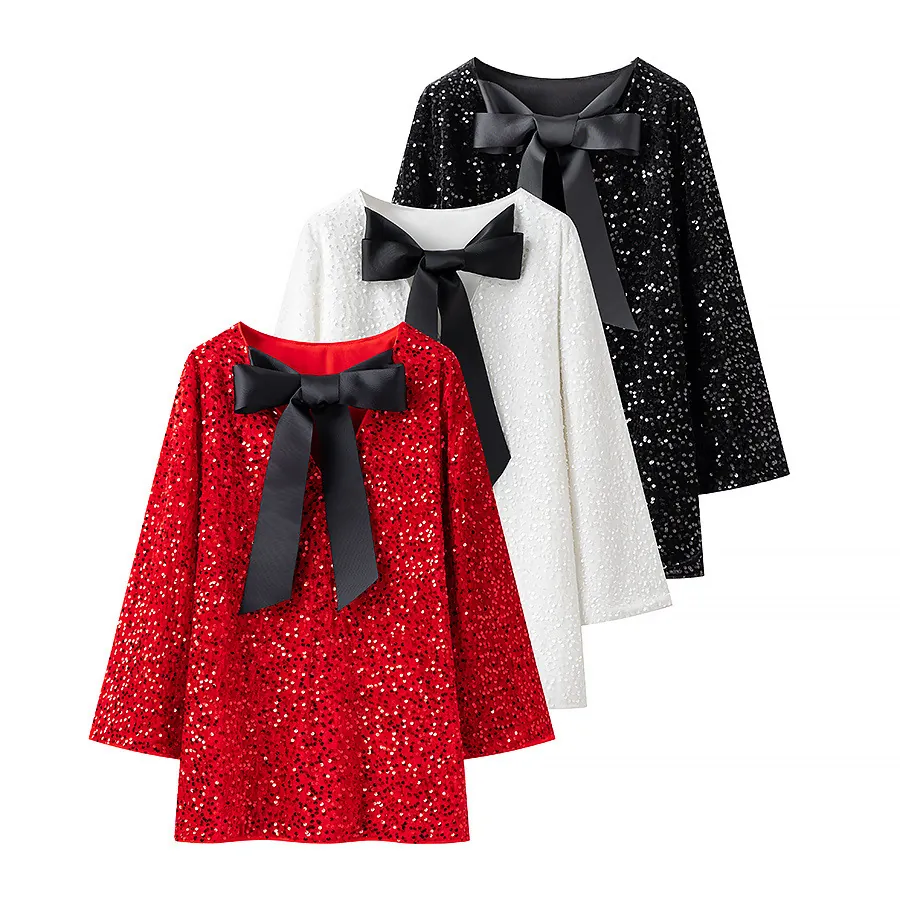 Robe Mini pour Femmes en Paillettes Manches Longues Avec Nœud Encolure Scintillante Party Evening Clubwear Ligne A