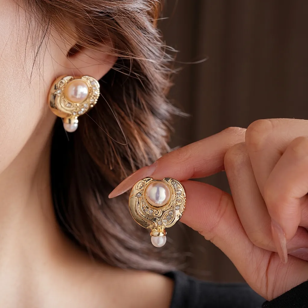Boucles Oreilles Pendantes Künstliche Perles Vintage Femmes Bijoux Alliage Strass Luxe Avec Tige Argent Sterling 925 Style Palais