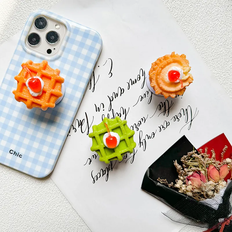3D Simulation Food Phone Stand Retractable Griptok Kawaii Cream Waffle Cherry Dessert Mobile Desktop Holder Adhesive