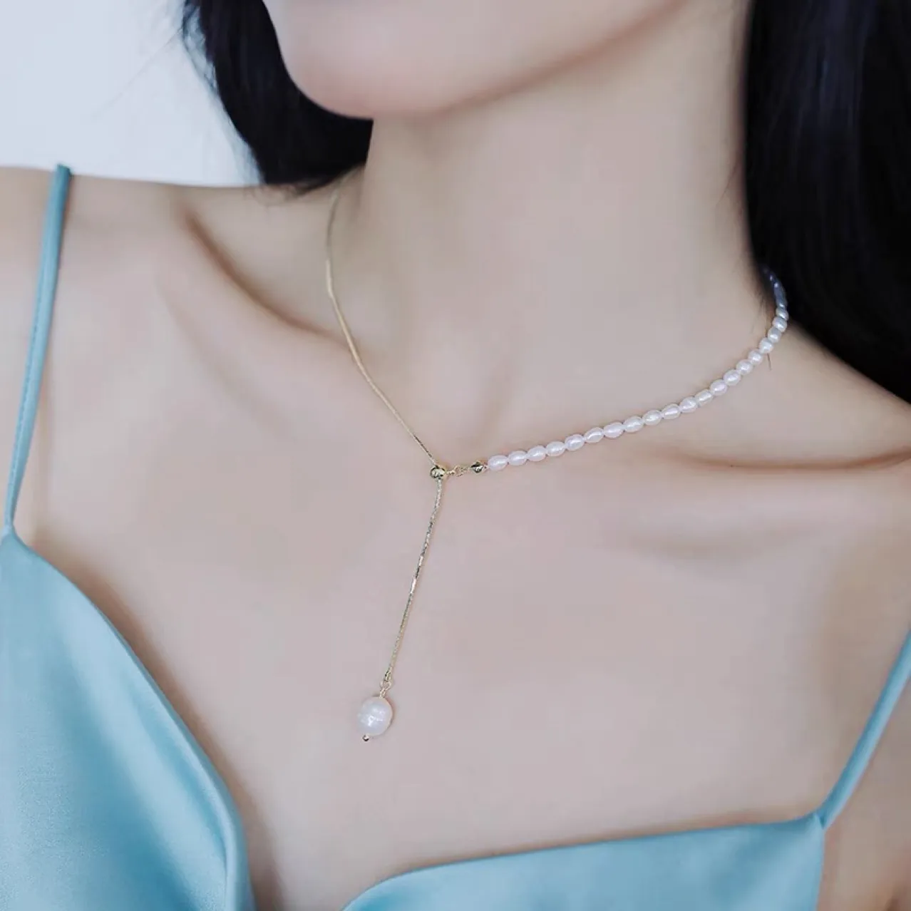 Freshwater Pearl Necklace Gold Plated Copper Asymmetric Clavicle Chain Baroque Drop Pendant Adjustable Slide Bead Jewelry