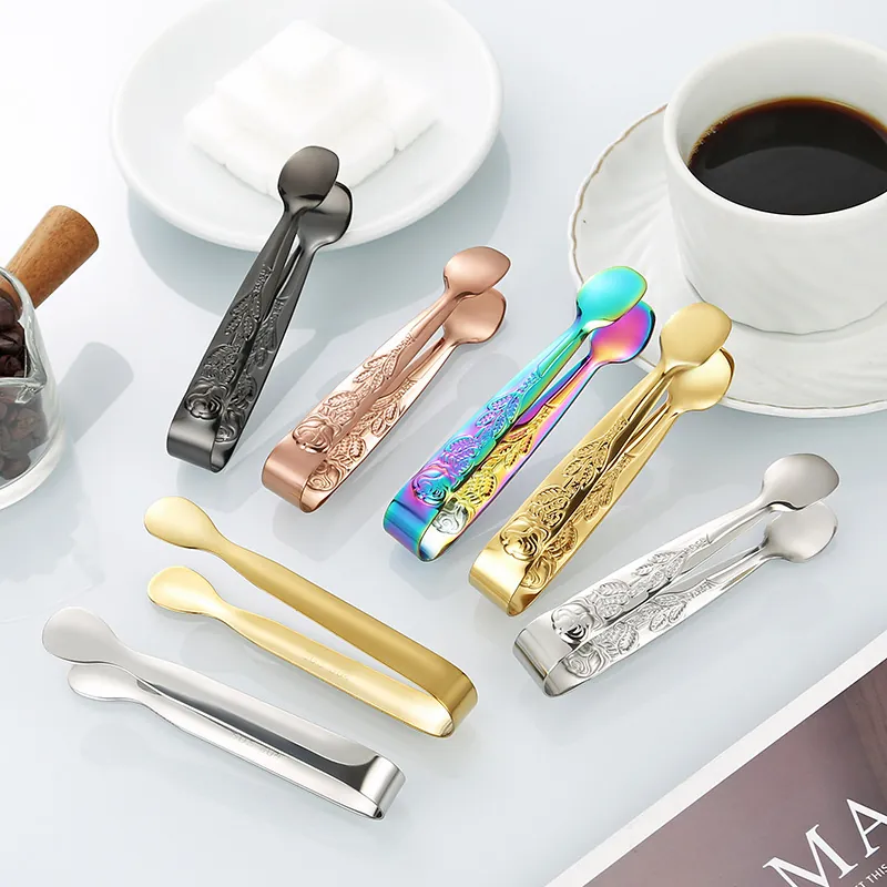Sugar Tongs 304 Stainless Steel Rose Flower Relief Mini Ice Tongs For Coffee Tea Dessert Kitchen Tool
