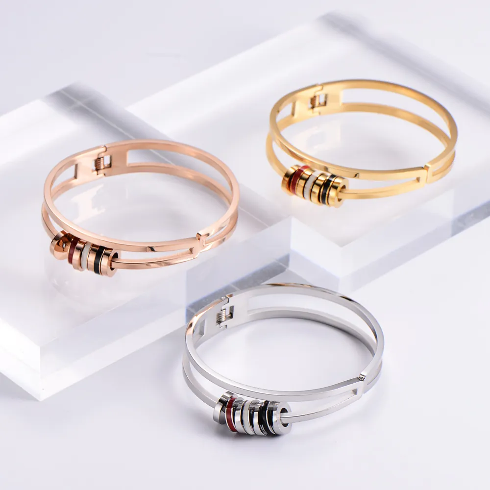 Polished Stainless Steel Bangle With Rotating Colorful Enamel Rings Hollow Double Row Design Minimalist Luxury Fashion