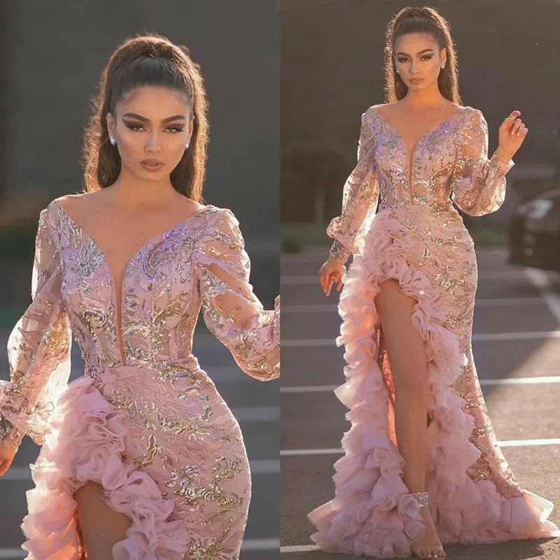 Women Sexy Pink Sequin Mesh Evening Gown Deep V-Neck Long Sleeve High Slit Ruffle Hem Trailing Party Dress For Wedding