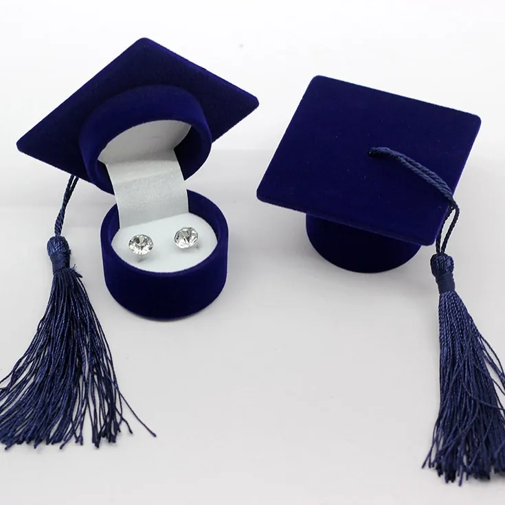 Graduation Cap Shape Flocking Jewelry Box Velvet Ring Earring Storage Case With Tassel Graduation Ceremony Gift Wrap Box