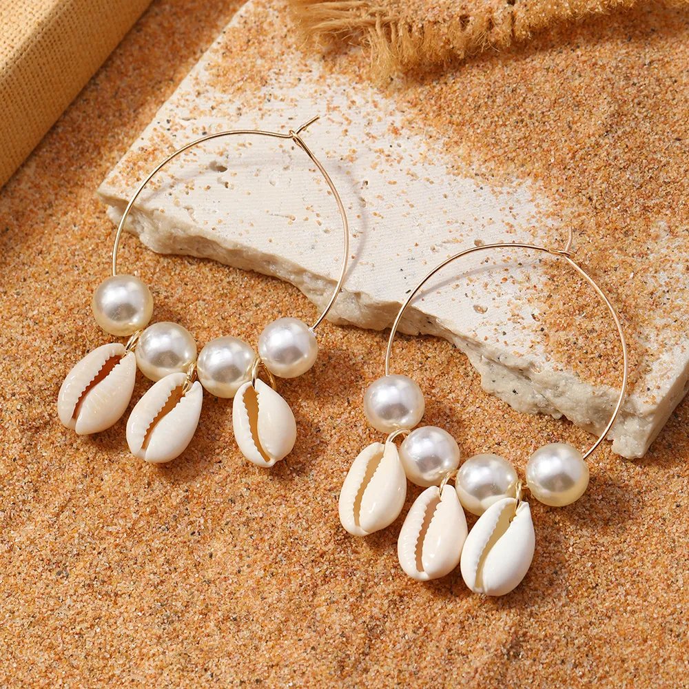 Hoop Earrings With Alloy Imitation Artificial Pearl And Natural Shell Beaded Beach Vacation Style Bohemian Jewelry For Women