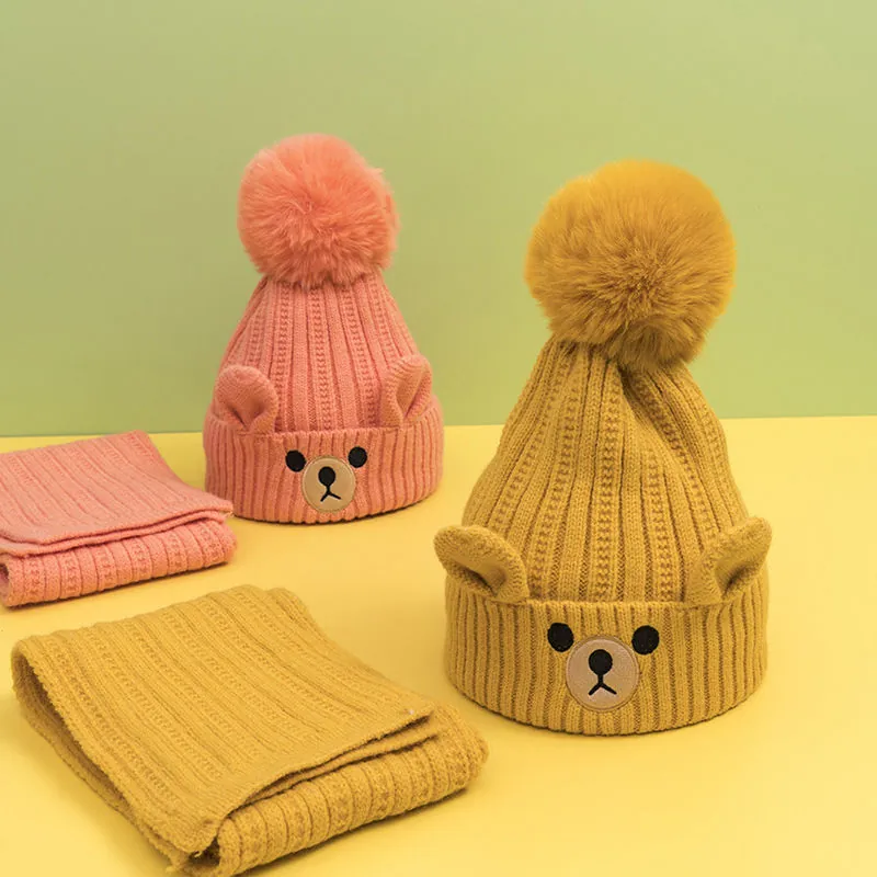 Kids Knitted Hat And Scarf Winter Warm Fleece Lined Cartoon Bear Ears Pom Pom For Boys Girls