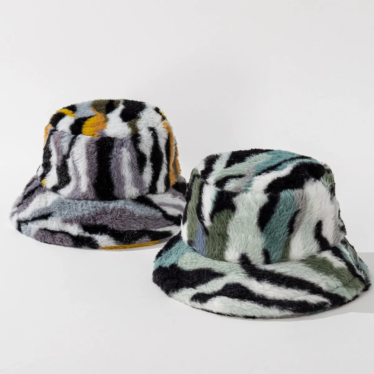 Winter Warm Faux Fur Bucket Hat For Women Vintage Tie-dyed Patchwork Plush Fisherman Cap Thickened Windproof Outdoor Casual Headwear