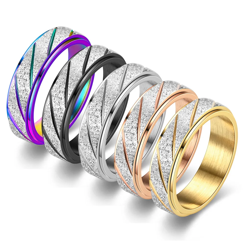 Stainless Steel Spinner Ring For Men Women Matte Striped Rotating Band Ring Fashion Jewelry Gold Silver Black Rainbow Gift