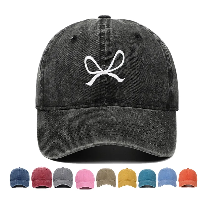 Washed Cotton Baseball Cap Bow Embroidery Vintage Adjustable Sport Casual Sunshade Dad Hat