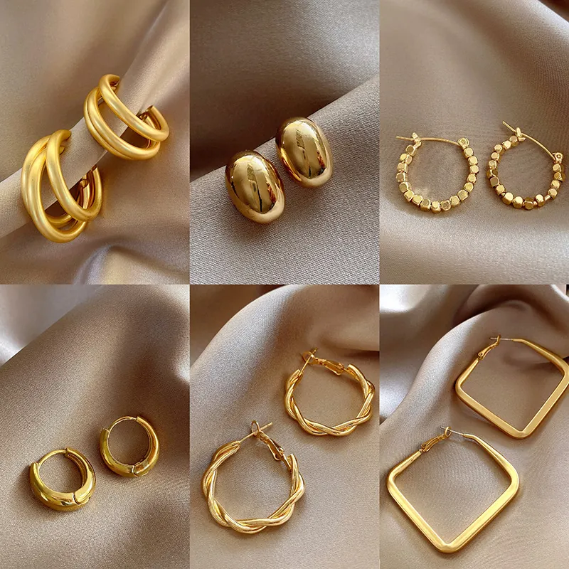 Retro Geometric Metal Hoop Earrings With 925 Sterling Silver Earring Post Fashion Commuter Jewelry For Women