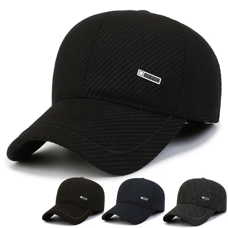 Herren Winter Baseballkappe Wollmischung Thermisch Warmer Hut Mit Ohrenschutz Verstellbar Metalletikett Outdoor