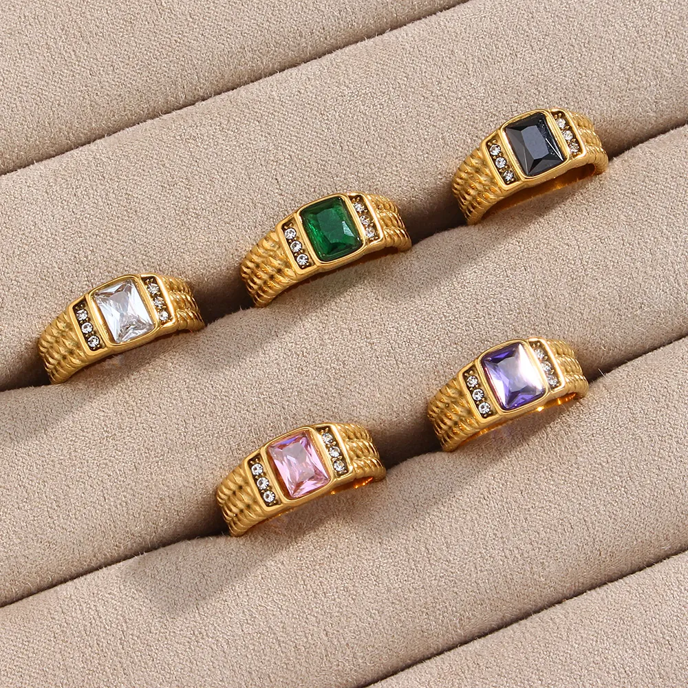 Fashion Square Zircon Ring 18K Gold Plated Stainless Steel Scale Pattern Braided Texture Geometric Jewelry For Women