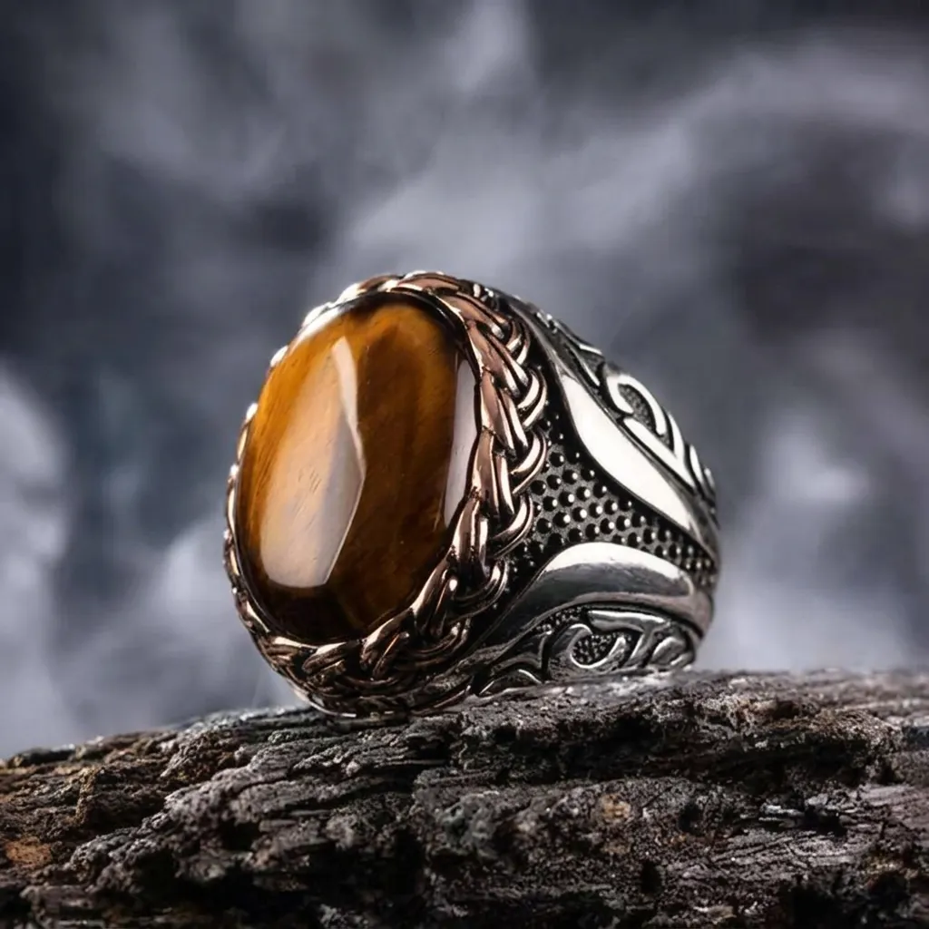 Men Vintage Signet Ring Carved Alloy With Tiger Eye Stone Ethnic Retro Style Statement Hand Crafted Finger Jewelry