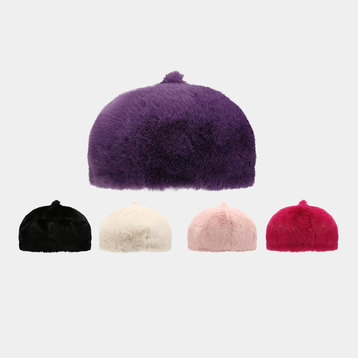 Women Plush Beret Hat Solid Color Faux Fur Warm Winter Windproof Painter Hat Japanese Vintage Style