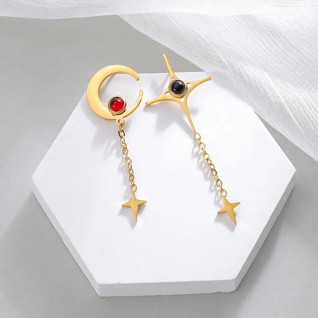 Vintage Stainless Steel Star Moon Asymmetric Tassel Dangle Earrings For Women Gold Plated Rhinestone Celestial Drop Jewelry
