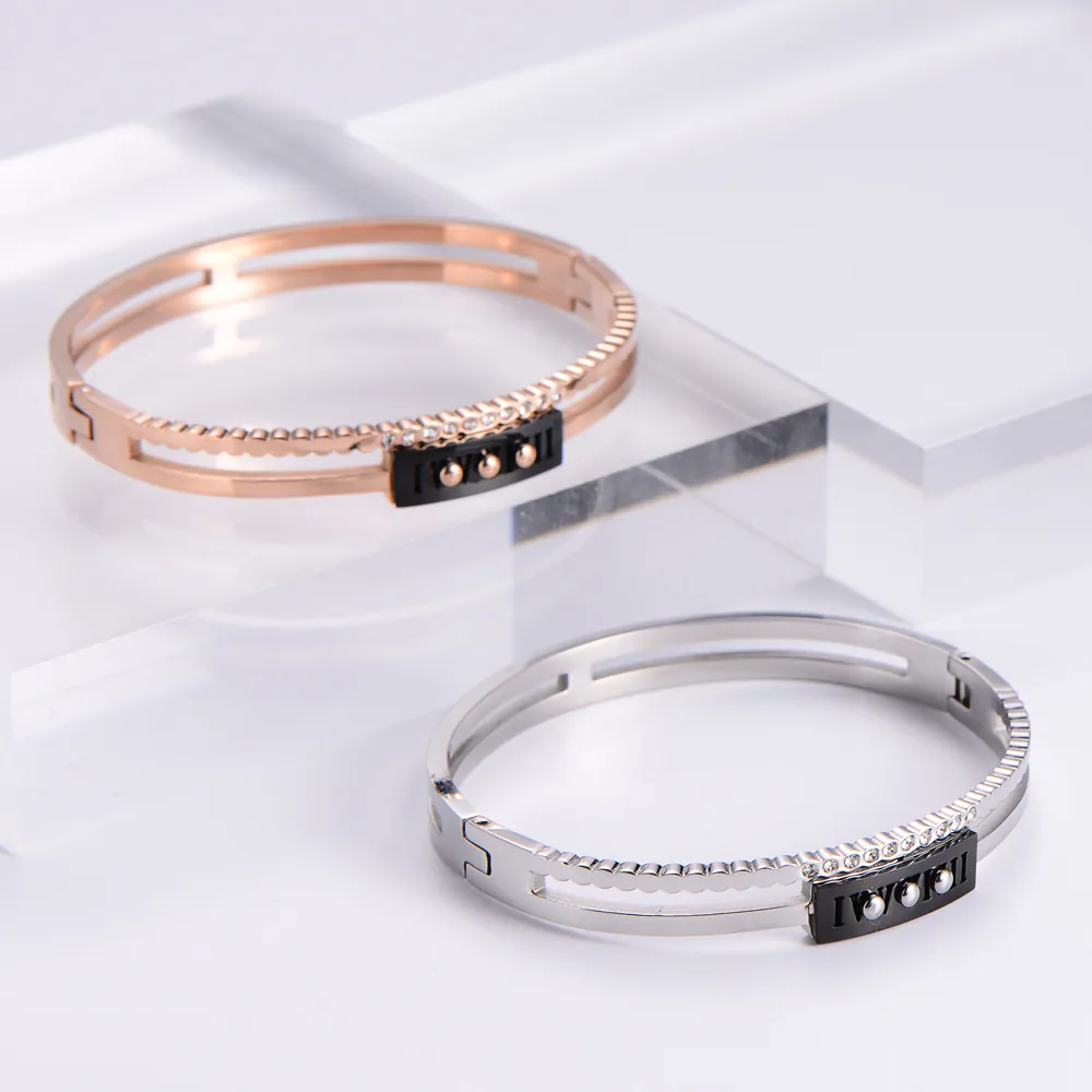 Hohl Doppelschicht Armreif Armband 316L Edelstahl Strass Zirkon Römische Ziffern Modeschmuck Für Frauen