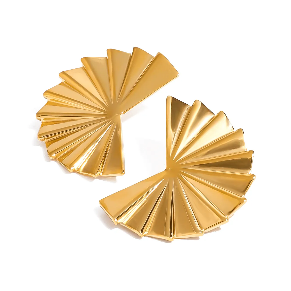 Vintage 18K Gold Plated Stainless Steel Pleated Fan Shaped Stud Earrings For Women Hollow Rhinestone Geometric Jewelry Gift