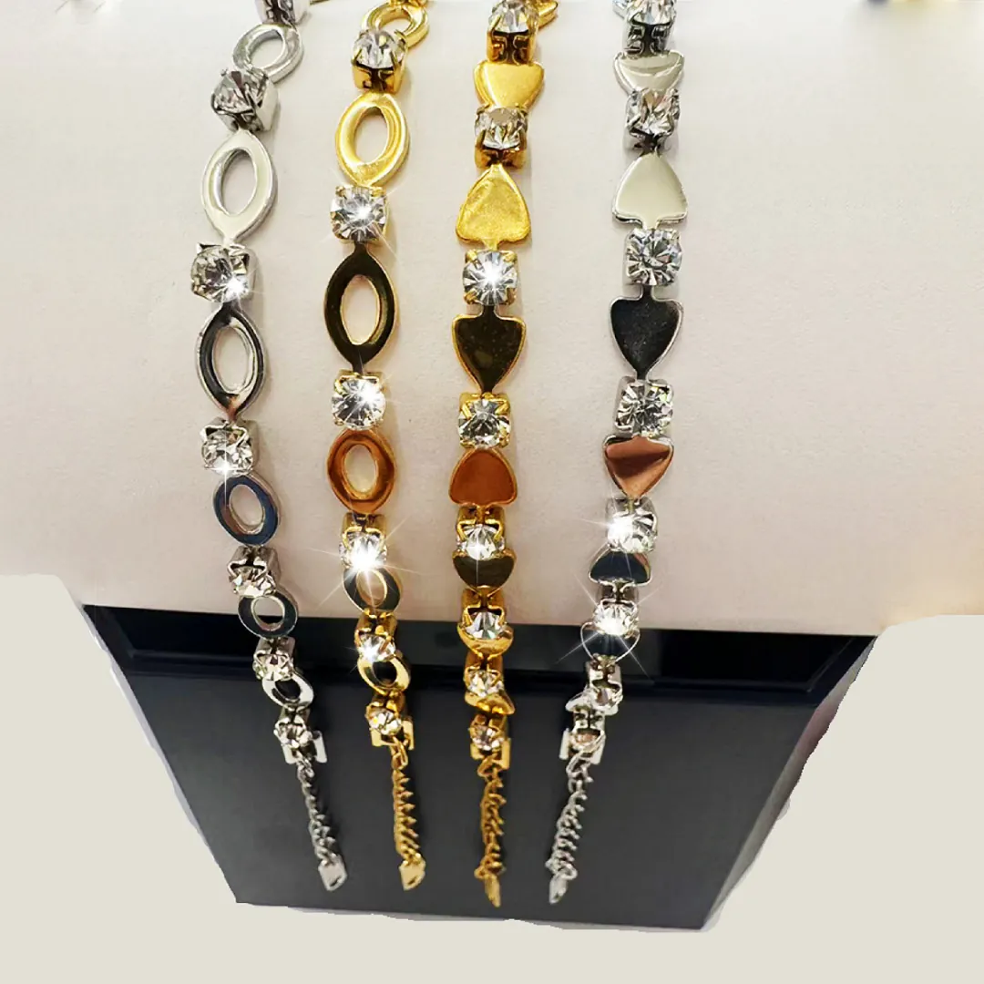 Fashion Stainless Steel Rhinestone Link Bracelet For Women Gold Silver Plated Heart Oval Geometric Inlaid Adjustable Hand Chain Jewelry