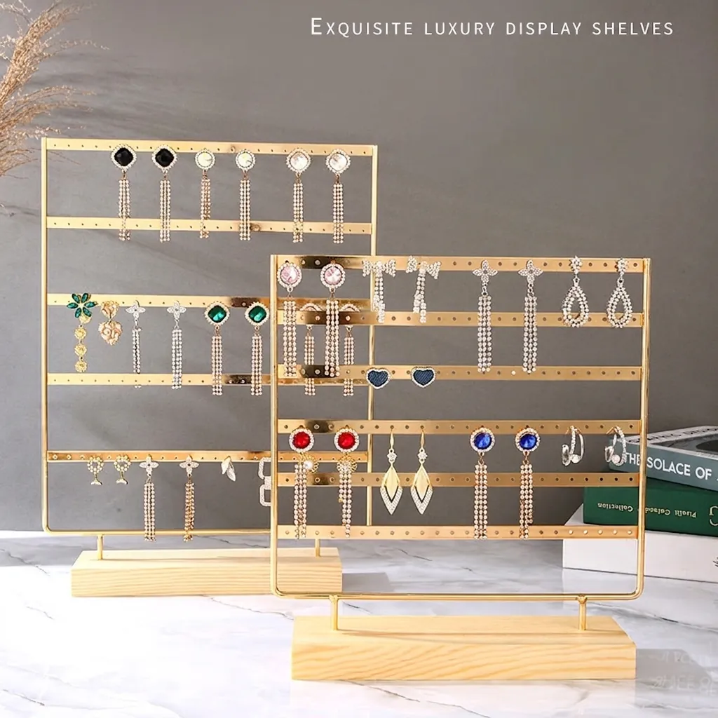 Earring Display Stand Metal Iron Multi Tier Multi Hole Organizer Jewelry Holder With Wood Base Modern Simple Storage