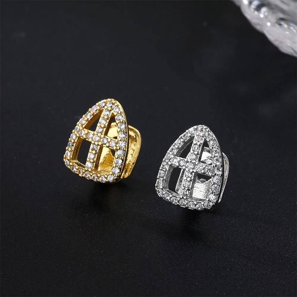 Hip Hop Single Tooth Grillz Copper Micro Pave Zircon Hollow Heart Star Dollar Sign Cross Snake Gold Silver Plated Jewelry