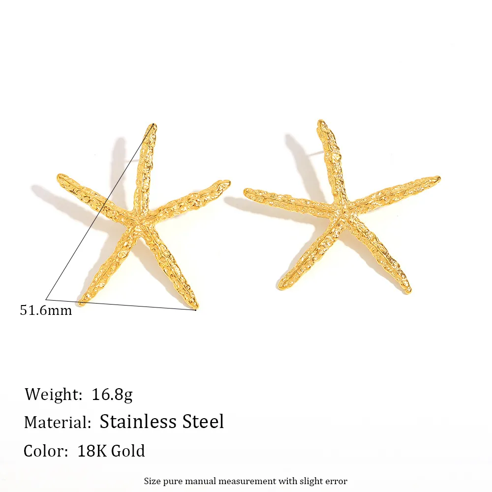 Orecchini A Lobo Stella Marina Acciaio Inossidabile Placcato Oro 18K Texture Martellata Stile Marino Moda Per Donna