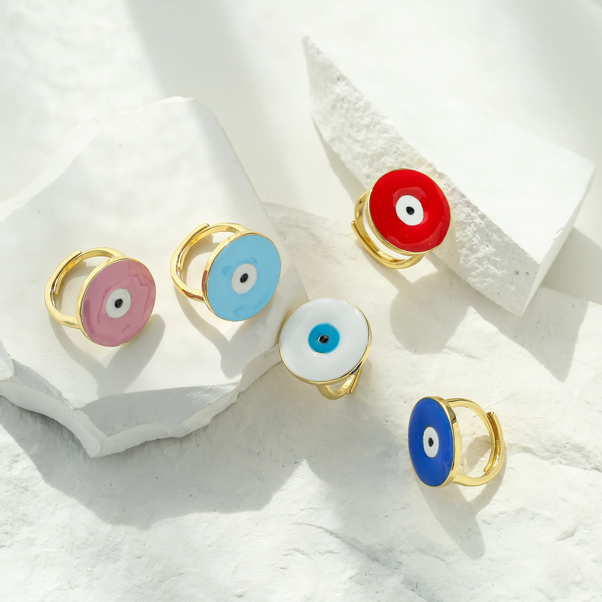 Evil Eye Ring Kupfer Vergoldet Bunte Emaille Verstellbar Offenes Band Modeschmuck Damen