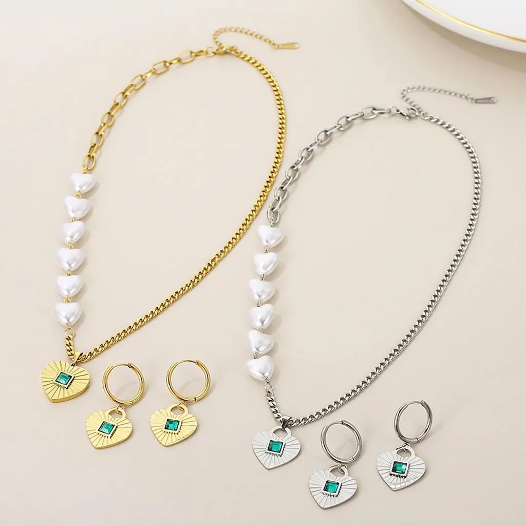 Bijoux Collier Boucles D'oreilles Cœur En Acier Inoxydable Pour Femmes Cœur Asymétrique Faux Künstliche Perle Zircon Vert Style Français