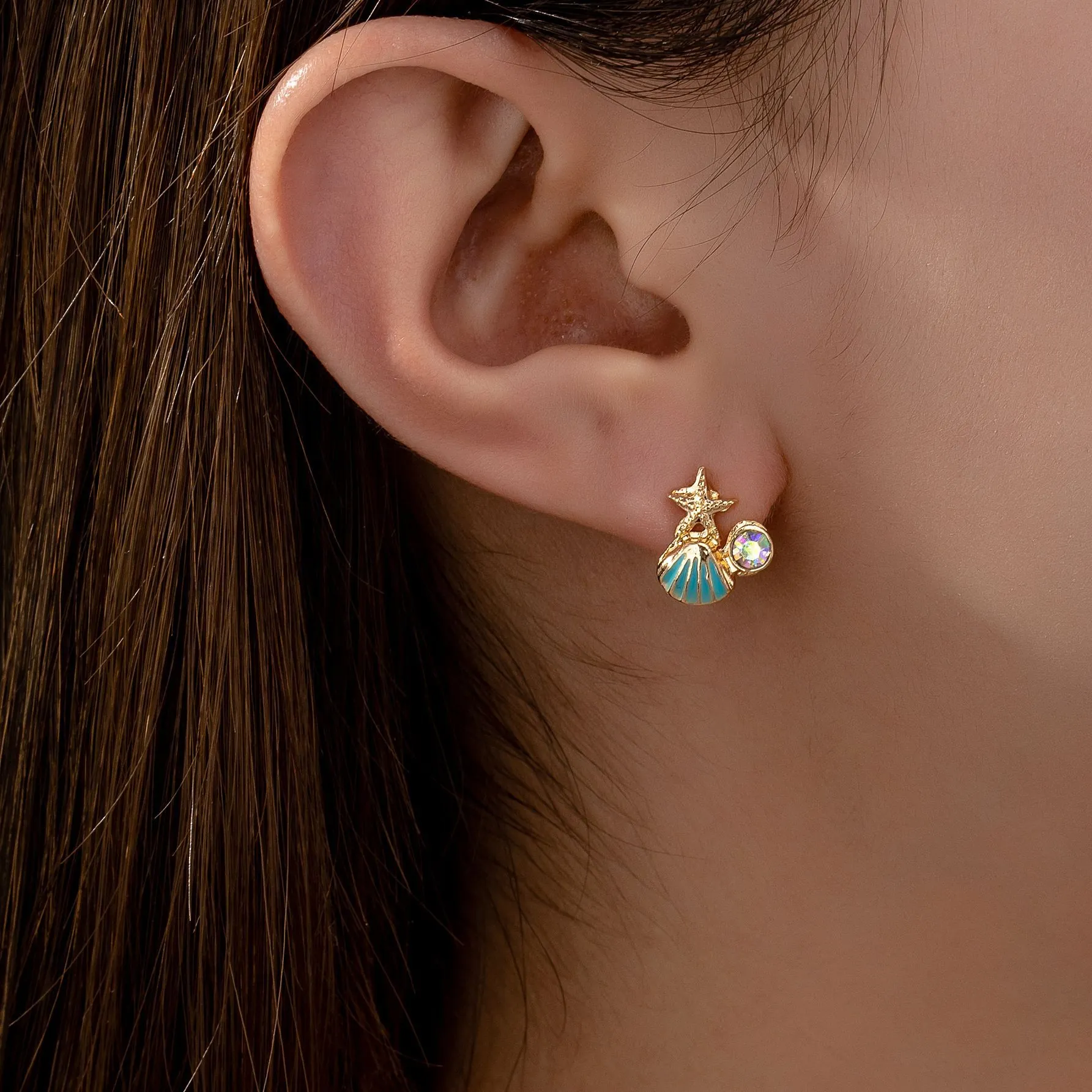 Marine Starfish Shell Asymmetric Stud Earrings Gold Plated Alloy Rhinestone Enamel Ocean Style Jewelry For Women Gift