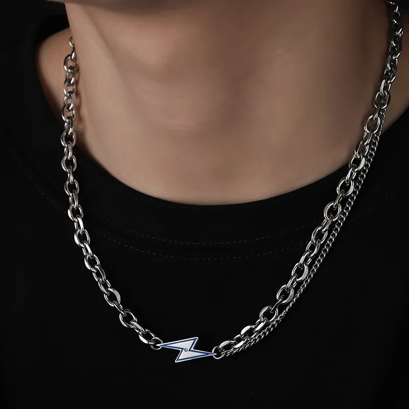 Lightning Bolt Pendant Necklace Titanium Steel Double Layer Cuban Chain Enamel Rhinestone Hip Hop Jewelry For Men Women