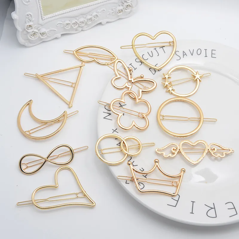 Geometric Hollow Metal Hair Clips Heart Star Moon Shape Gold Silver Alloy Barrettes For Women Girls Fashion Accessories