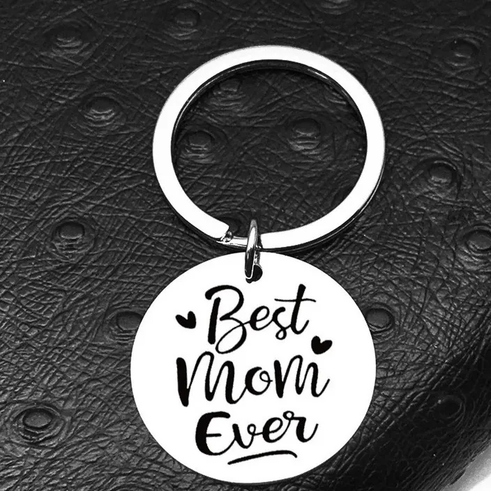 Stainless Steel Keychain Mother's Day Gift Round Pendant Best Mom Ever Engraved Heart Charms Minimalist Silver Keyring