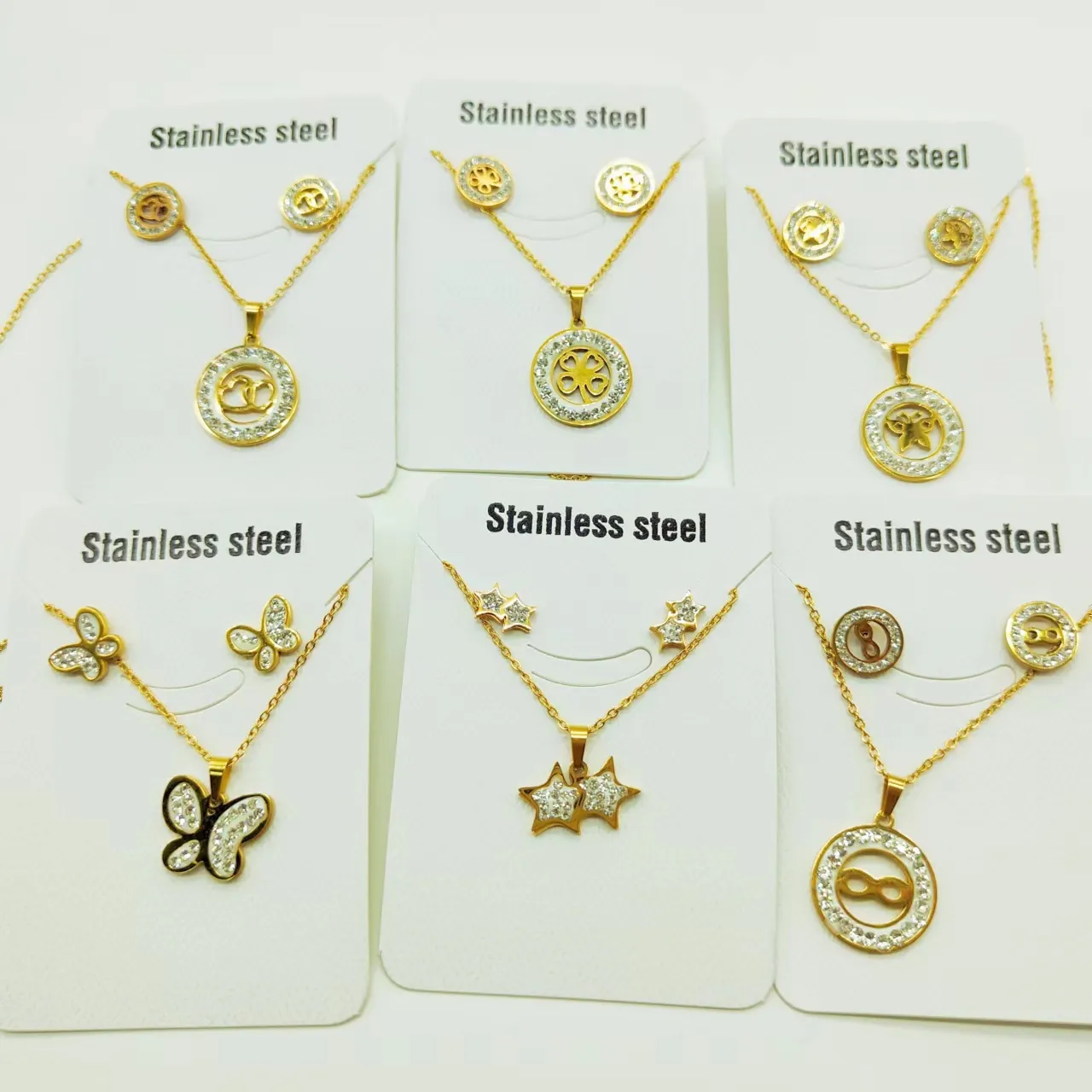 Stainless Steel Rhinestone Butterfly Star Heart Necklace And Stud Earrings For Women Elegant Geometric Jewelry