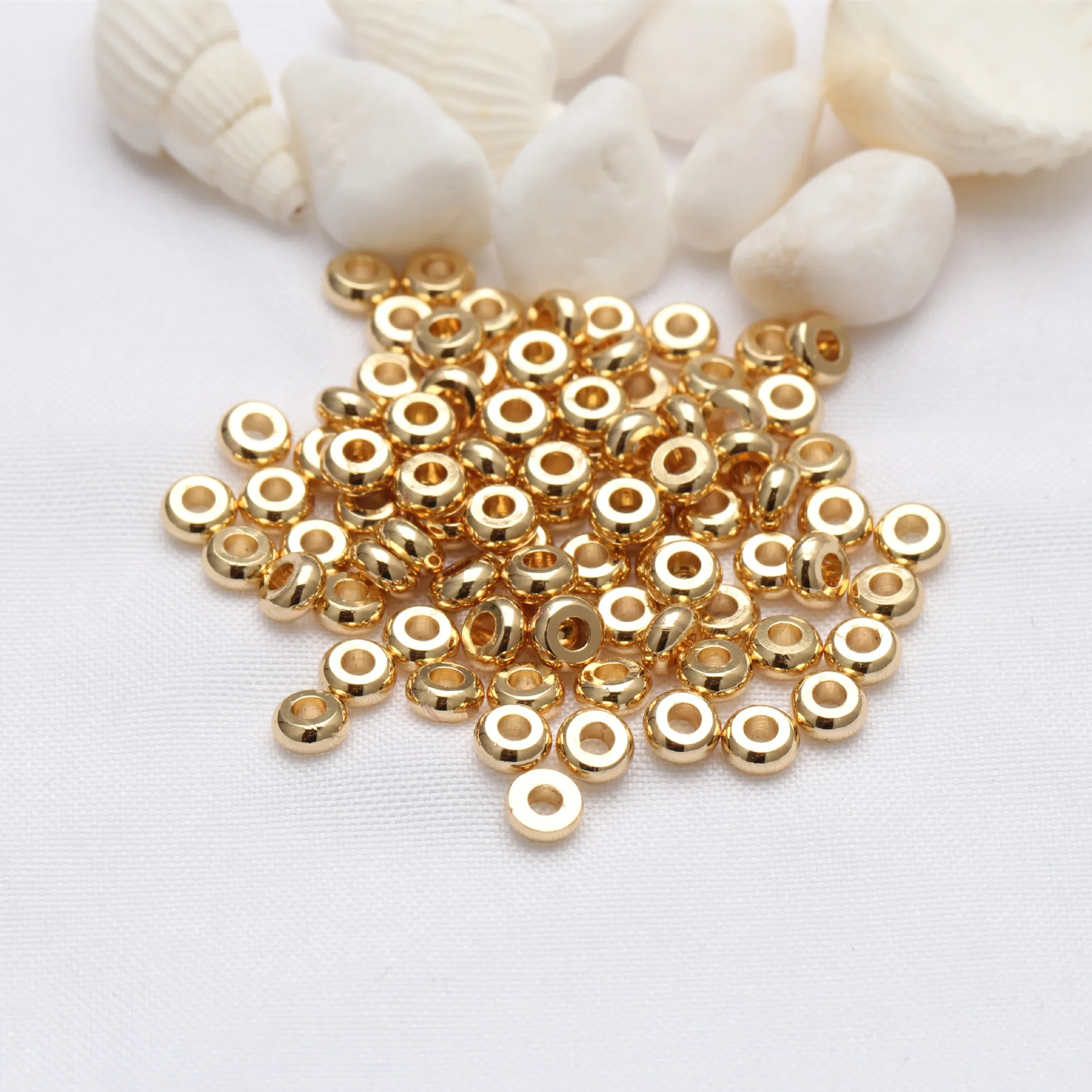 Smooth Flat Round Spacer Beads Real Gold Plated Copper Loose Wheel Beads For DIY Jewelry Making Bracelet Necklace