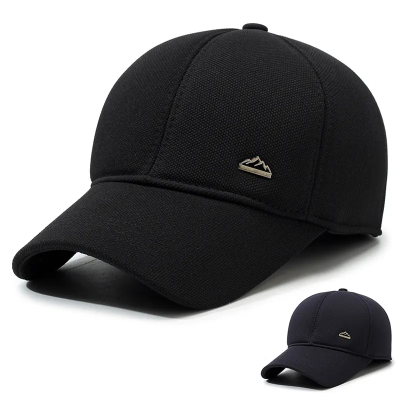 Men Winter Baseball Cap With Ear Flaps Thermal Windproof Outdoor Thickened Waffle Texture Metal Mountain Logo Adjustable