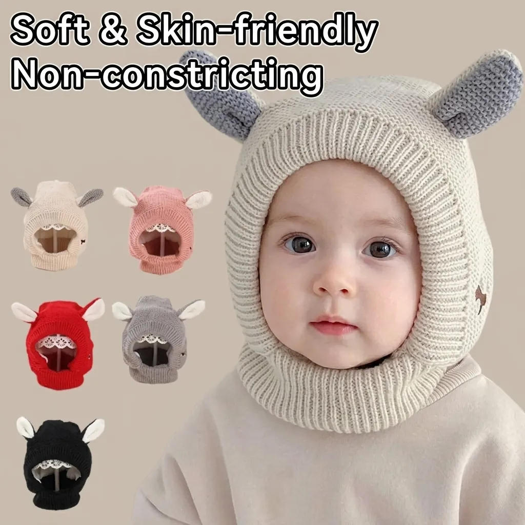 Baby Winter Knit Hooded Hat Fleece Lined Earflap Balaclava Cute Animal Ears Dog Embroidery Warm Windproof For Infant Toddler