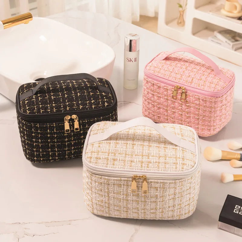 Tweed Cosmetic Bag Makeup Case Travel Toiletry Storage Organizer Large Capacity With Double Zipper Handle Elegant Luxury Style
