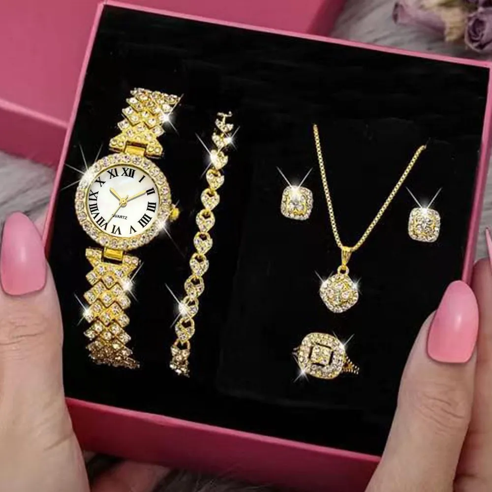 Women Fashion Roman Numeral Rhinestone Quartz Watch Jewelry Set Alloy Bracelet Necklace Earrings Ring Luxurious Ladies Wristwatch Set
