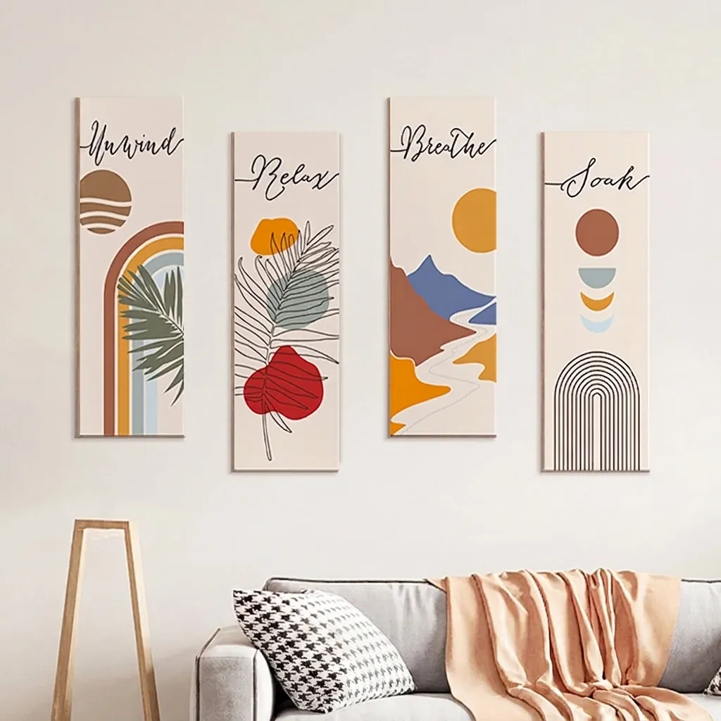 Wooden Wall Decor Plaques Boho Abstract Pattern Inspirational Words Relax Breathe For Home Office Bedroom