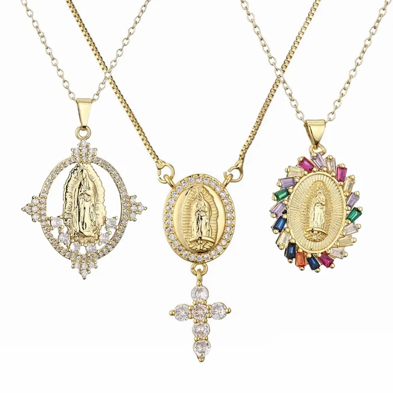 Religiöse Jungfrau Maria Anhänger Halskette Vergoldet Kupfer Zirkon Kreuz Mode Schmuck Für Damen Herren