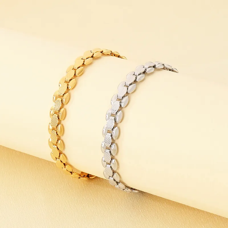 Edelstahl Armband Für Damen 18K Vergoldet Breit Uhrenarmband Glied Geometrisch Schuppentextur Verstellbarer Schmuck