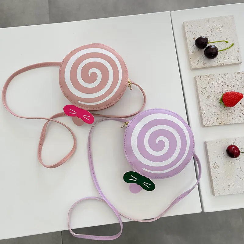 Kids Crossbody Bag PU Leather Lollipop Shape Spiral Pattern Bow Decor Cute Mini Shoulder Bag For Boys Girls