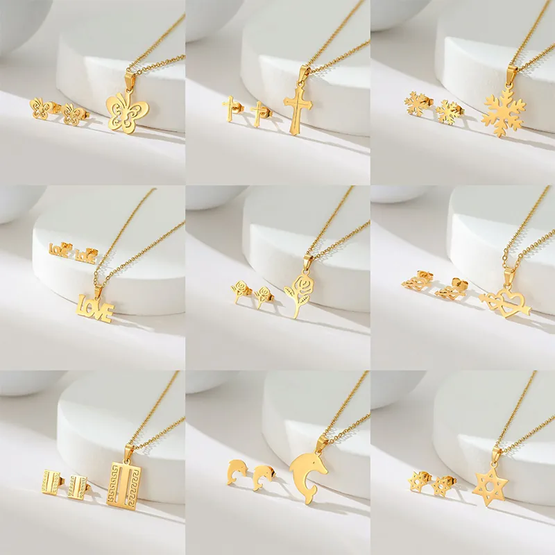 Elegant Gold Plated Stainless Steel Jewelry Including Necklace And Earrings For Women Featuring Hollow Out Geometric Pendants