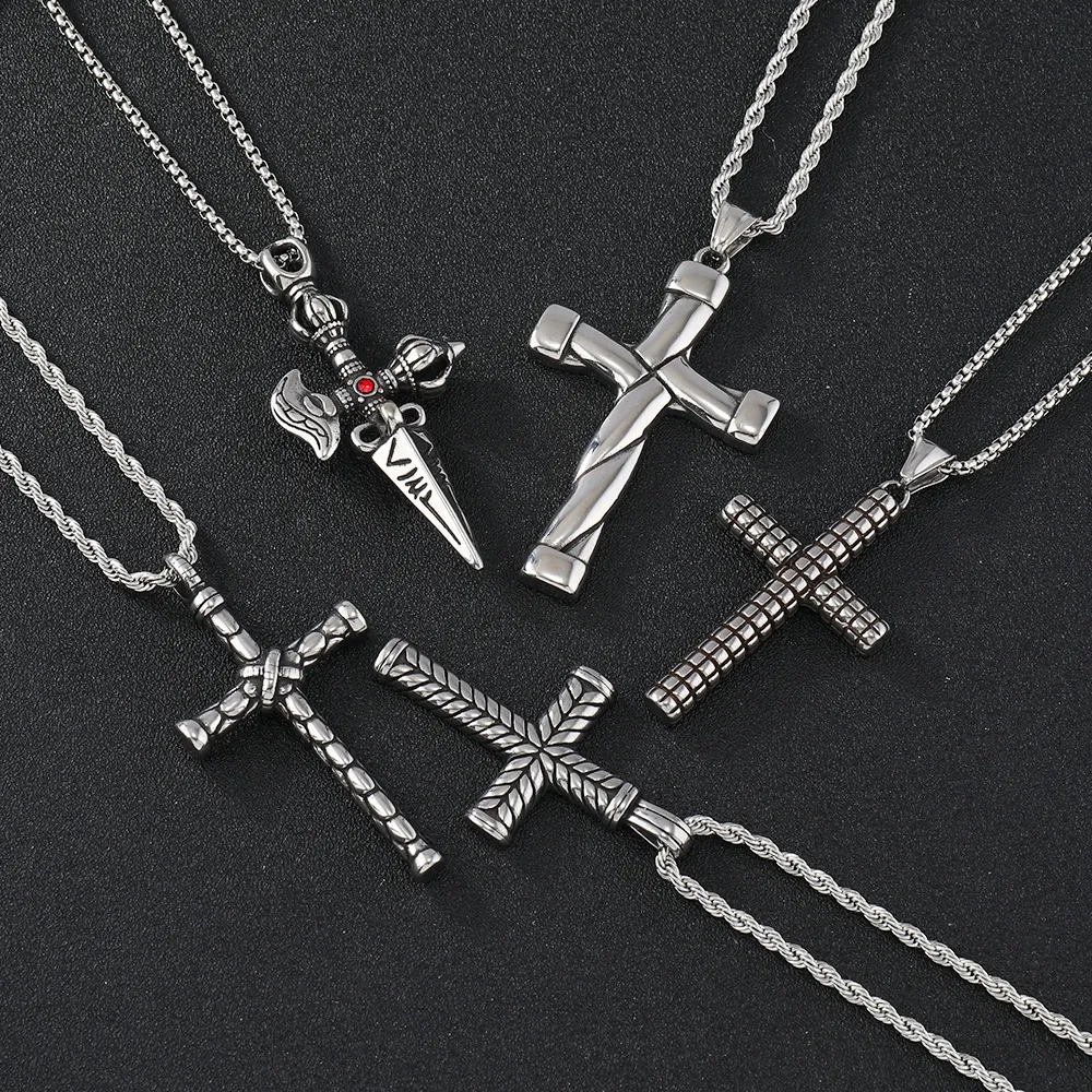 Stainless Steel Cross Pendant Necklace Hip Hop Retro Textured Metal Jewelry With Twist Box Chain