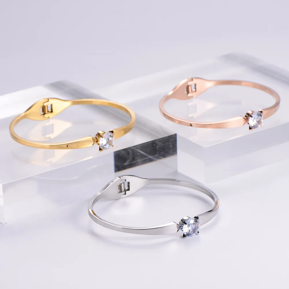 Classic Stainless Steel Bangle For Women With Single Round Cubic Zirconia Stone 18K Gold Plated Simple Polished Jewelry