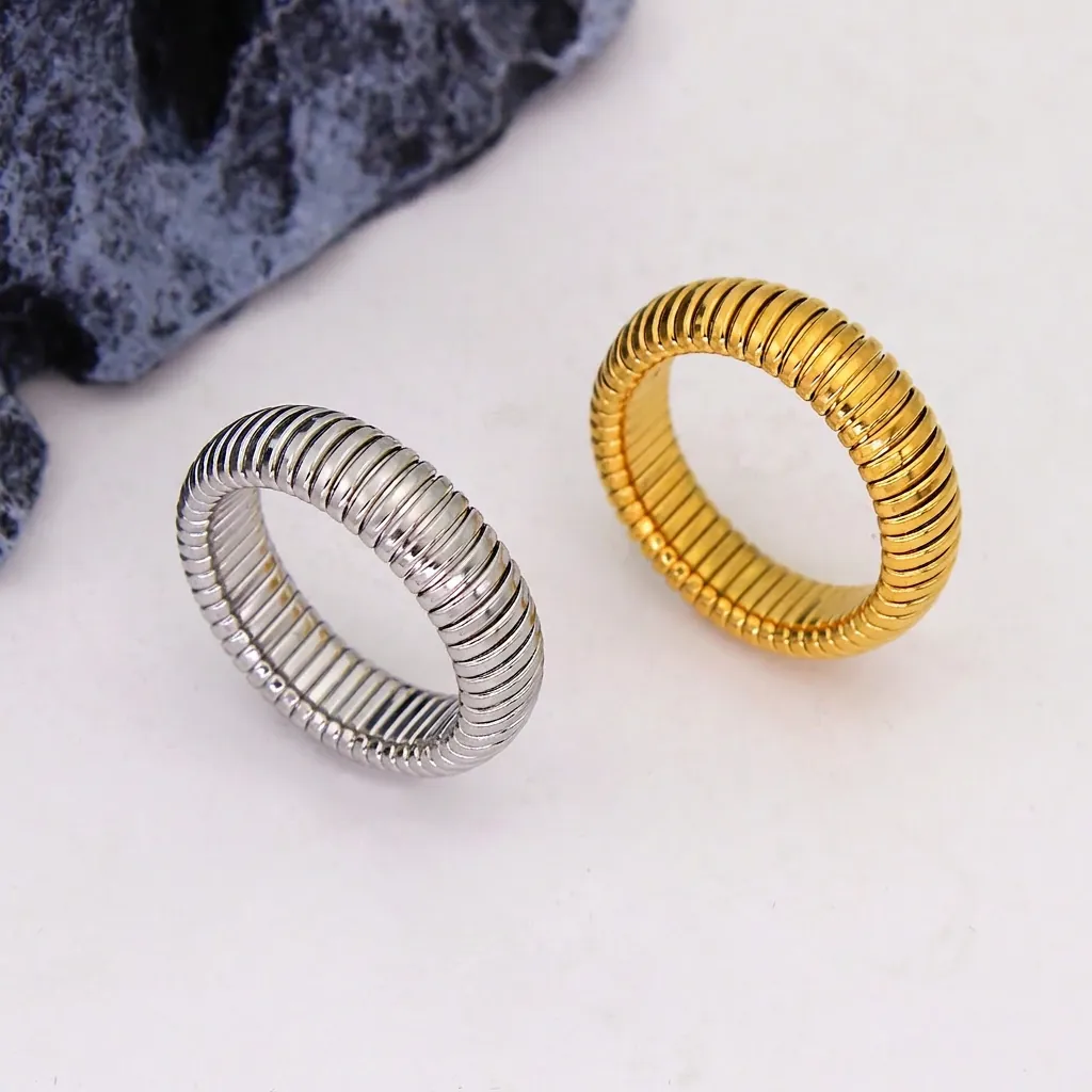 Retro Tubogas Elastic Stainless Steel Ring Spiral Texture Flexible Finger Jewelry For Women