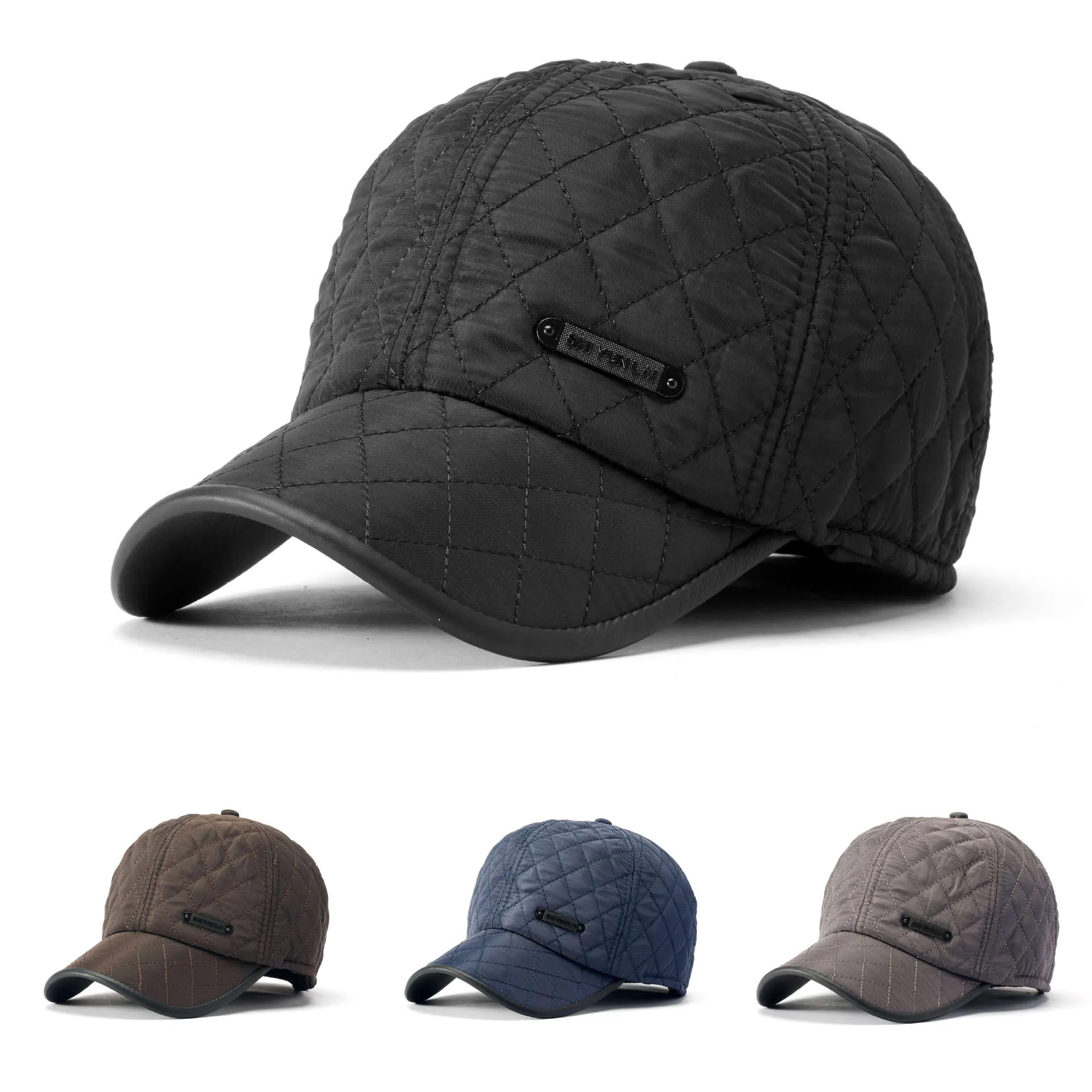 Men Winter Quilted Baseball Cap Warm Thickened Ear Protection Diamond Pattern Outdoor Peaked Hat Metal Plate