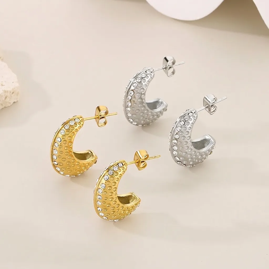 Boucles D'Oreilles Créoles En C Acier Inoxydable Avec Strass Texturé Géométrique Métal Rétro Pour Femmes Mode