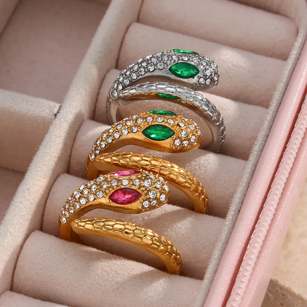 Vintage Snake Ring Stainless Steel 18K Gold Plated Zirconia Adjustable Open Finger Ring Fashion Jewelry For Women Gift